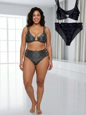 NWT Bebe Black Silver Metallic Reversible 2-Piece Bikini Swimsuit Size XL Y2K